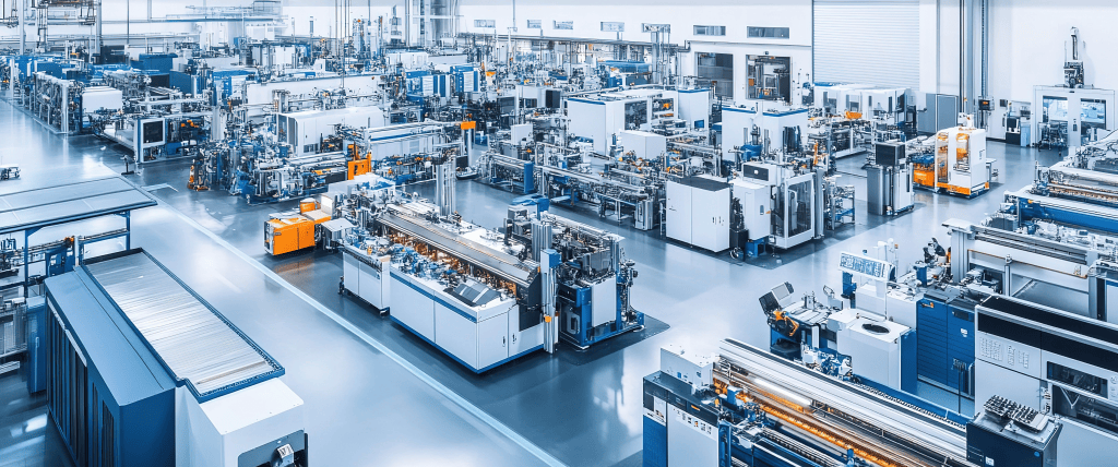 large-scale advanced manufacturing facility with automated production lines, industrial machinery, and clean, organized factory floor layout.